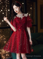 Wine Red Tulle With Lace High Neckline Homecoming Dresses Wine Red Short Prom Dresses