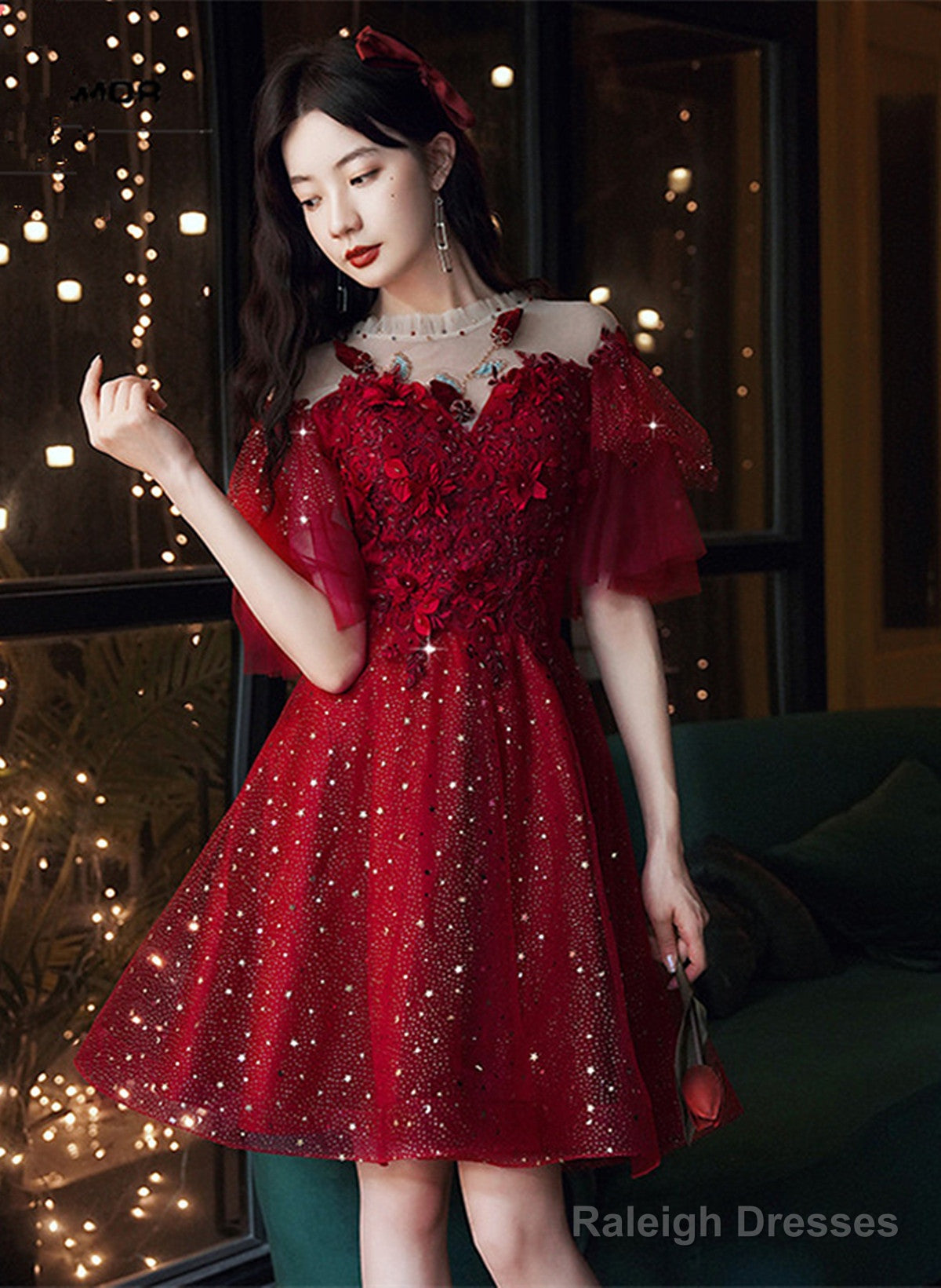 Wine Red Tulle With Lace High Neckline Homecoming Dresses Wine Red Short Prom Dresses