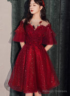 Wine Red Tulle With Lace High Neckline Homecoming Dress, Wine Red Short Prom Dress