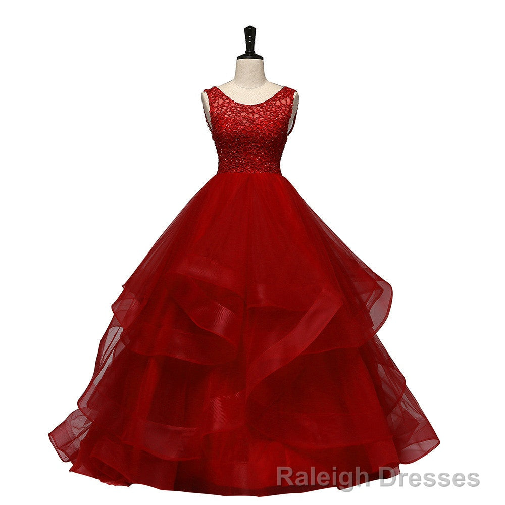 Wine Red Tulle with Lace Layers Ball Gown Sweet 16 Dress, Long Formal Dress Prom Dress Main image