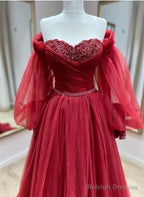 Wine Red Tulle With Puffy Sleeves Long Prom Dresses Wine Red Prom Dresses