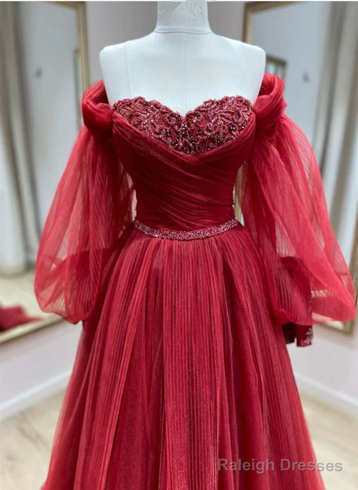 Wine Red Tulle With Puffy Sleeves Long Prom Dresses Wine Red Prom Dresses