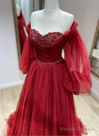 Wine Red Tulle With Puffy Sleeves Long Prom Dresses Wine Red Prom Dresses