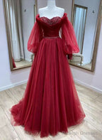 Wine Red Tulle With Puffy Sleeves Long Prom Dresses Wine Red Prom Dresses