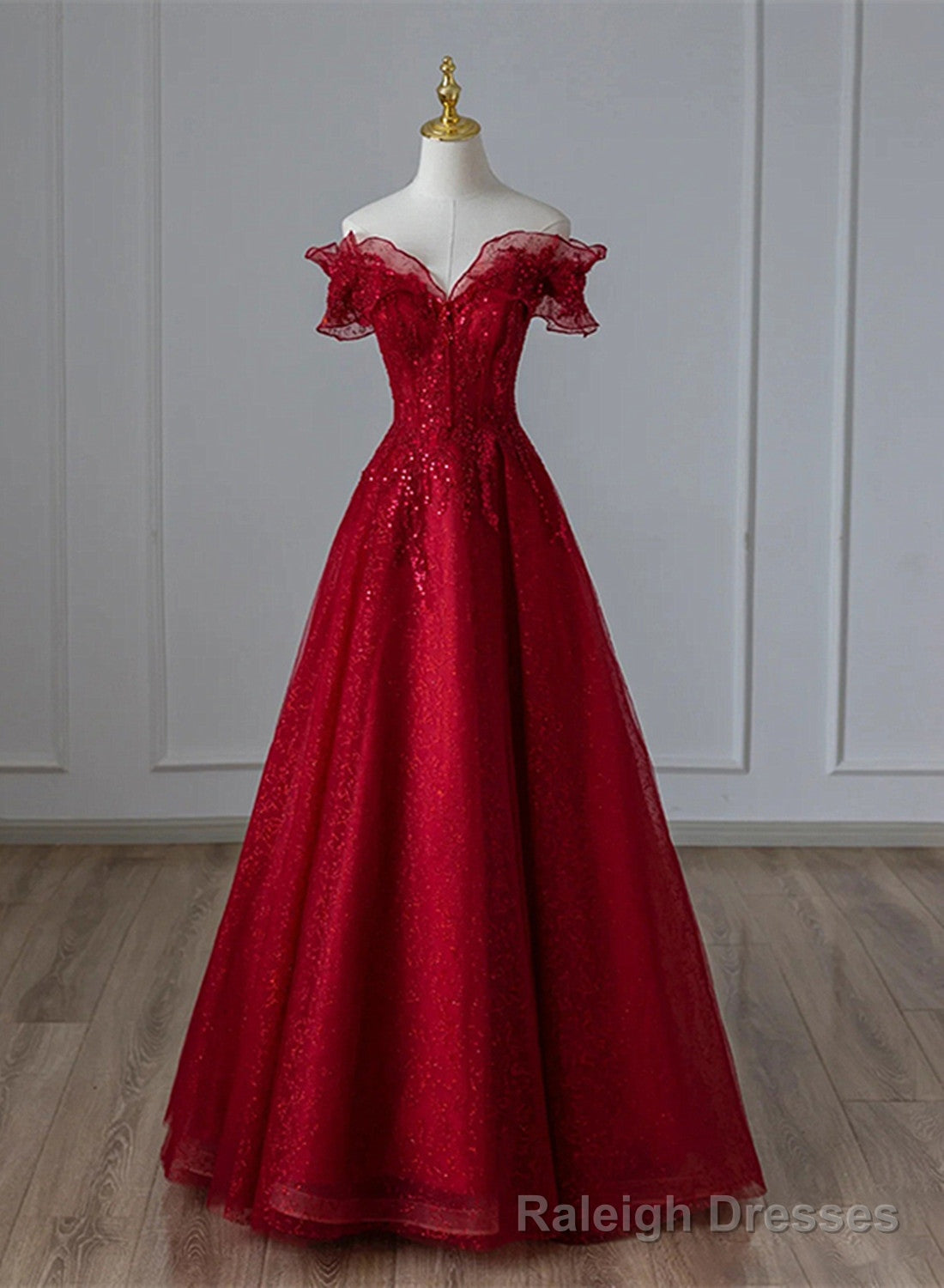 Wine Red Tulle with Sequins and Lace Party Dress, Wine Red A-line Prom Dress Main image