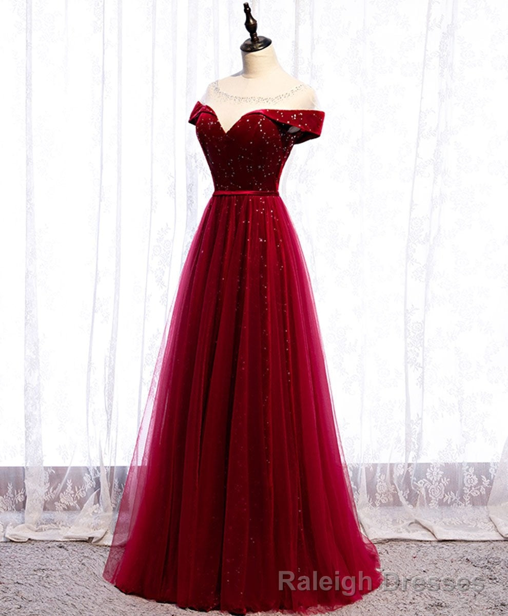 Wine Red Tulle with Velvet Long Prom Dress, Wine Red Formal Dress Prom Dress Main image
