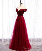 Wine Red Tulle with Velvet Long Prom Dress, Wine Red Formal Dress Prom Dress