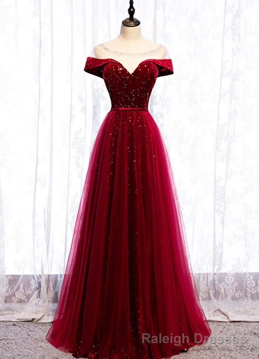 Wine Red Tulle with Velvet Long Prom Dress, Wine Red Formal Dress Prom Dress