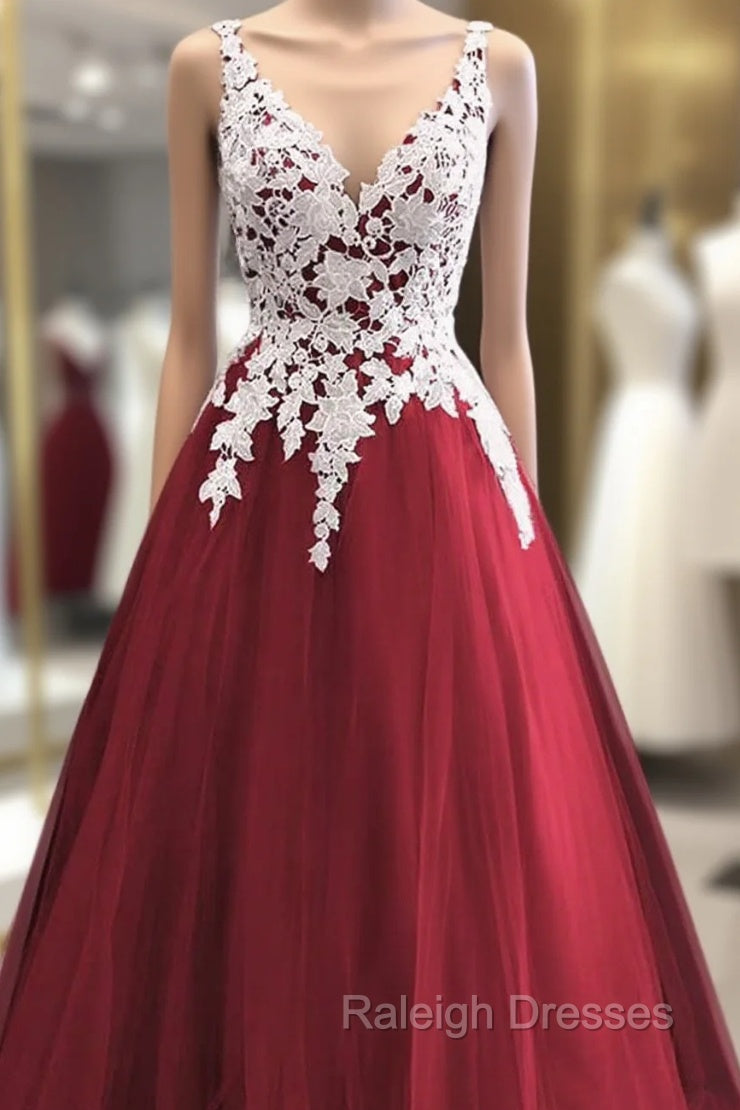 Wine Red Tulle With White Lace V-Neckline Prom Dress, Wine Red Long Evening Dress Main image