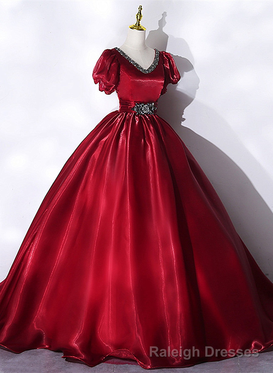 Wine Red V-neckline Beaded Ball Gown Prom Dress, Wine Red Sweet 16 Dress Main image