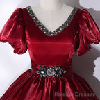 Wine Red V Neckline Beaded Ball Gowns Prom Dress, Wine Red Sweet 16 Dress