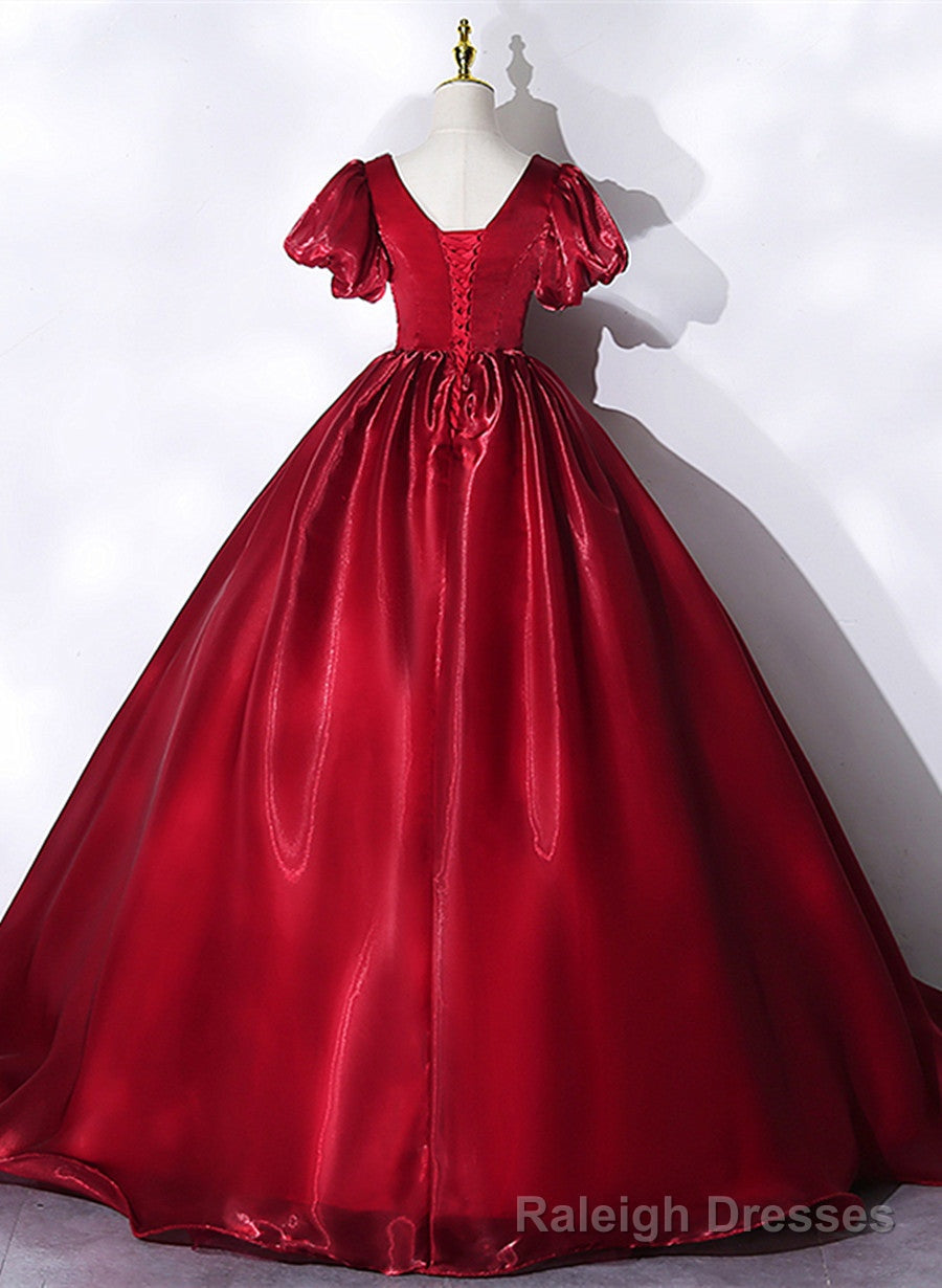 Wine Red V-neckline Beaded Ball Gown Prom Dress, Wine Red Sweet 16 Dress