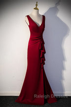 Wine Red V-Neckline Mermaid Long Prom Dresses With Leg Slit Wine Red Prom Dresses