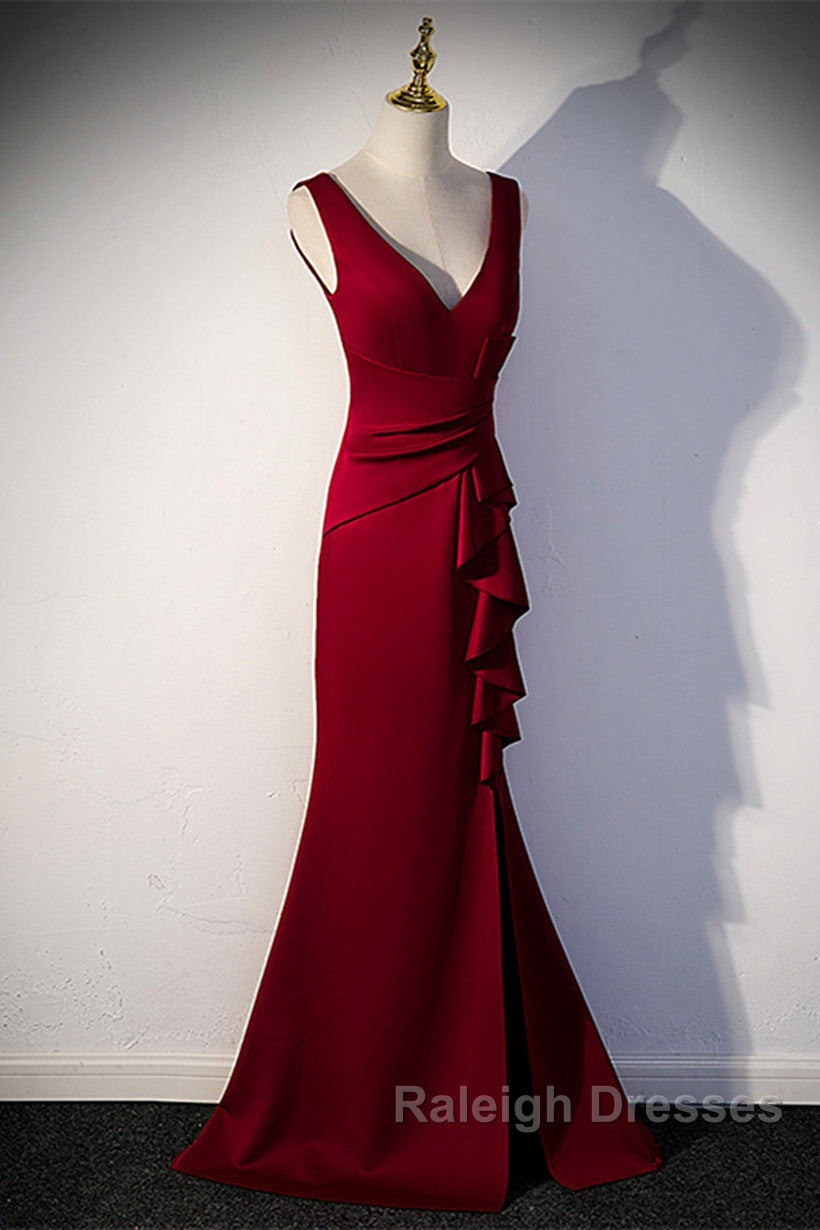 Wine Red V-Neckline Mermaid Long Party Dress With Leg Slit, Wine Red Prom Dress