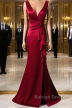 Wine Red V-Neckline Mermaid Long Prom Dresses With Leg Slit Wine Red Prom Dresses
