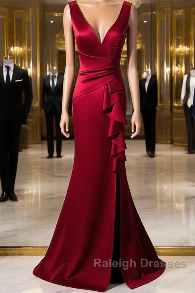 Wine Red V-Neckline Mermaid Long Prom Dresses With Leg Slit Wine Red Prom Dresses