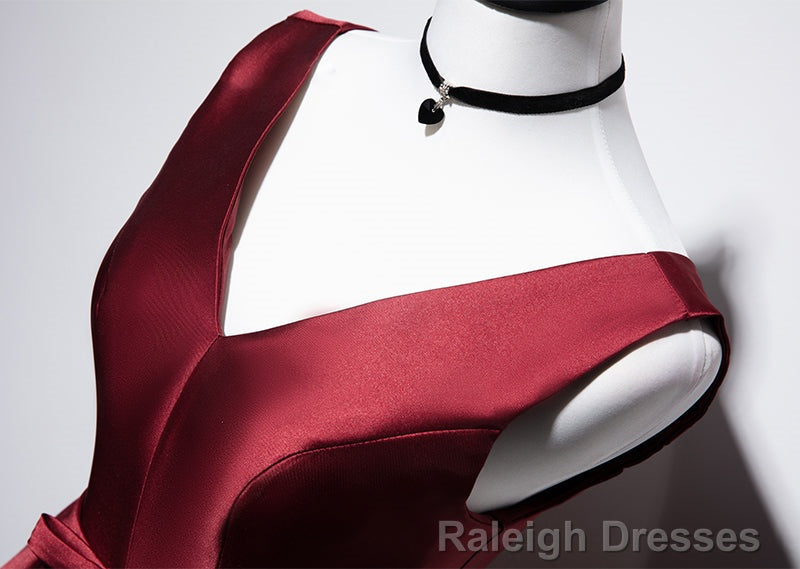 Wine Red V Neckline Satin Lace-up Homecoming Dress, Short Prom Dress