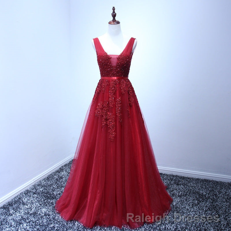 Wine Red V-neckline Tulle Long Prom Dress, Dark Red Floor Length Party Dress, Bridesmaid Dress Main image