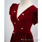 Wine Red V Neckline Velvet Prom Dress, A Line Wedding Prom Dress