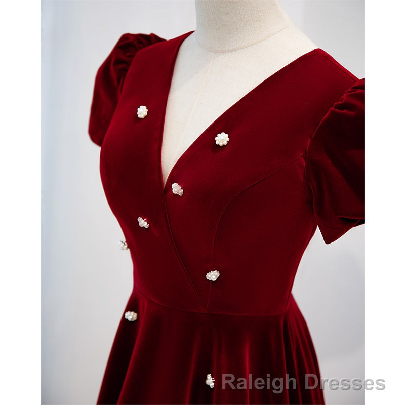 Wine Red V Neckline Velvet Prom Dress, A Line Wedding Prom Dress