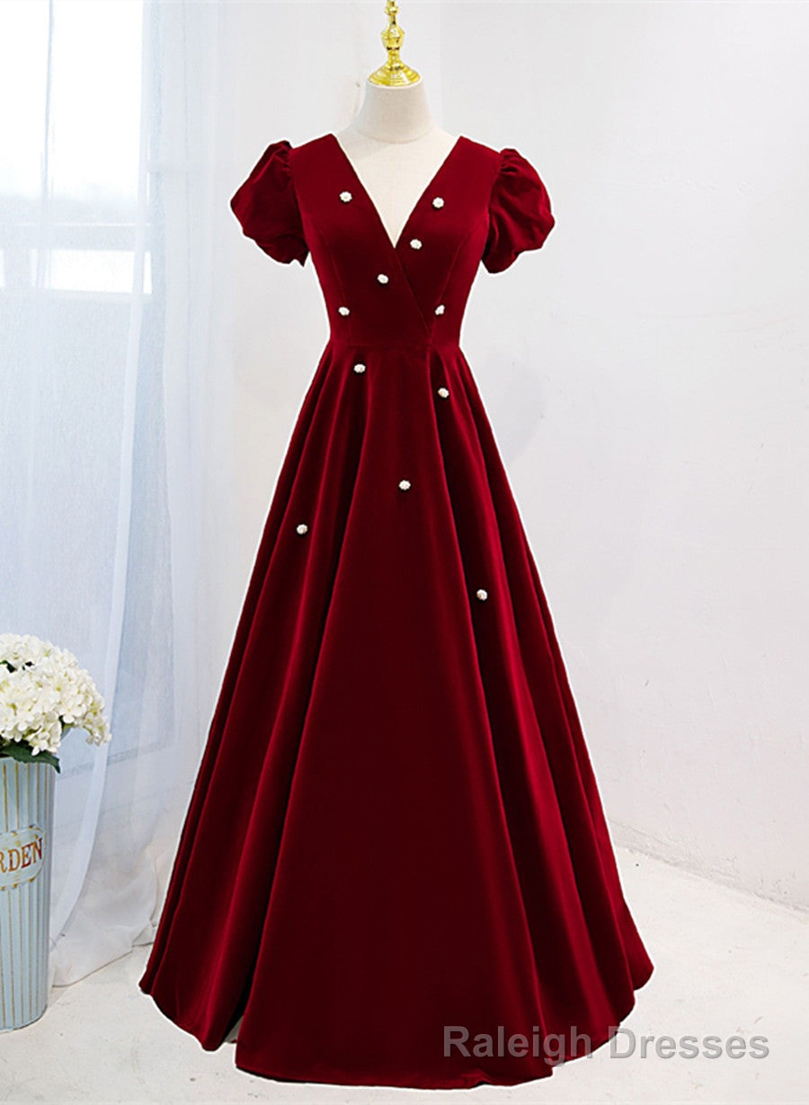 Wine Red V-neckline Velvet Prom Dress Party Dress, A-line Wedding Party Dress Main image