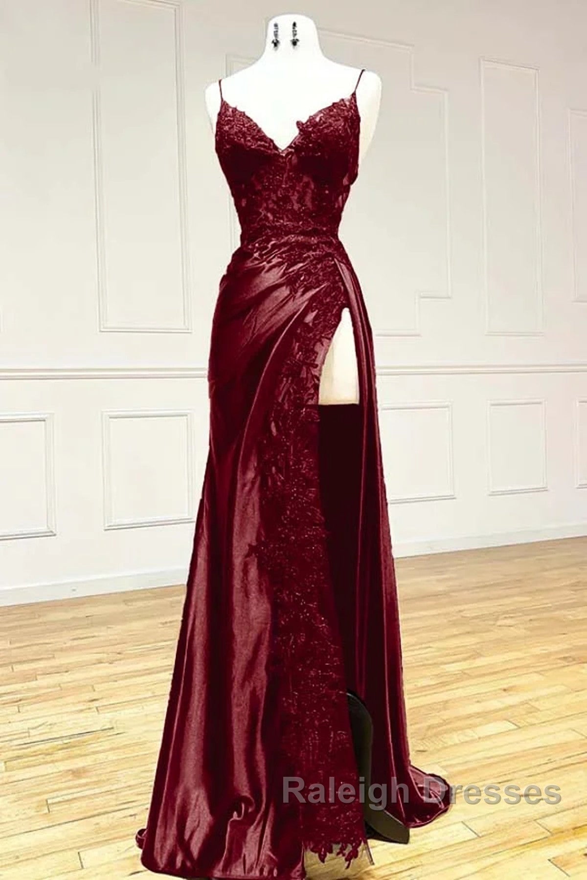 Wine Red V-Neclline Satin With Lace Long Prom Dresses Wine Red Leg Slit Prom Dresses