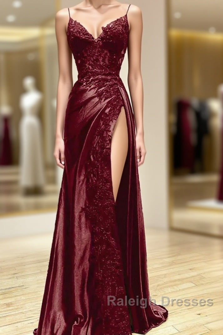 Wine Red V-Neclline Satin With Lace Long Prom Dress, Wine Red Leg Slit Party Dress Main image