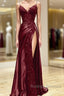 Wine Red V-Neclline Satin With Lace Long Prom Dress, Wine Red Leg Slit Party Dress