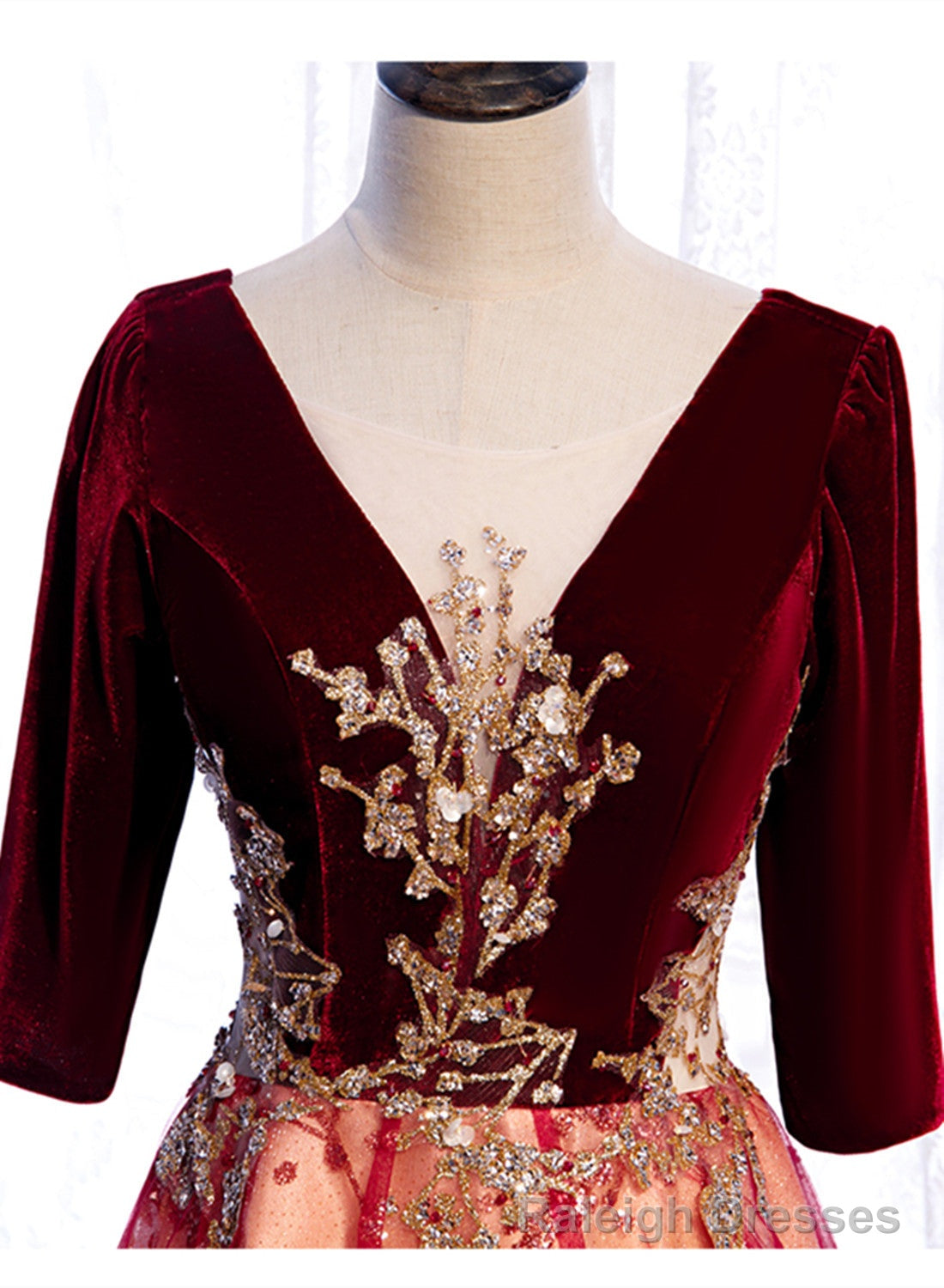 Wine Red Velvet 1/2 Sleeves Long Prom Dress with Lace, A Line Junior Prom Dress Secondary image