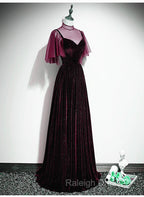 Wine Red Velvet A-Line Long High Neckline Party Dress, Wine Red Long Bridesmaid Dress