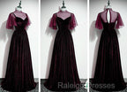 Wine Red Velvet A-Line Long High Neckline Party Dress, Wine Red Long Bridesmaid Dress