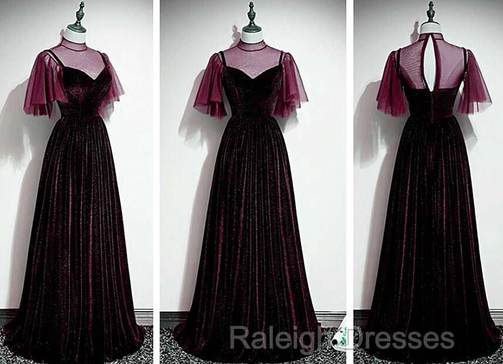 Wine Red Velvet A-Line Long High Neckline Party Dress, Wine Red Long Bridesmaid Dress