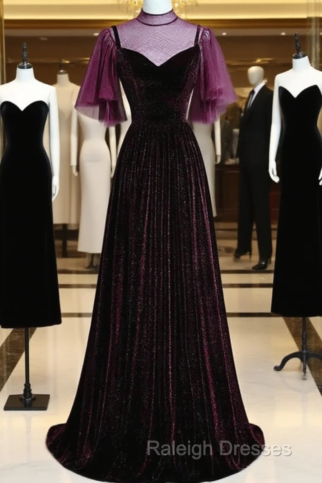 Wine Red Velvet A-Line Long High Neckline Party Dress, Wine Red Long Bridesmaid Dress Main image