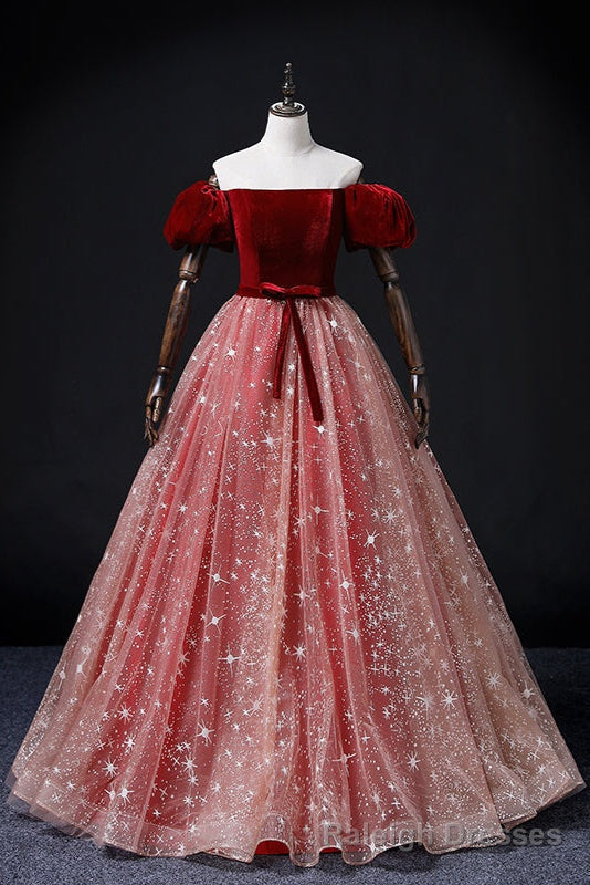 Wine Red Velvet and Pink Tulle Off Shoulder Formal Dress, Pink Sweet 16 Dresses Secondary image