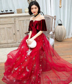Wine Red Velvet And Tulle A-Line Floor Length Prom Dresses Wine Red Long Prom Dresses