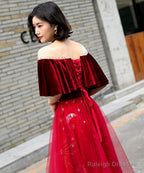 Wine Red Velvet And Tulle A-Line Floor Length Prom Dresses Wine Red Long Prom Dresses