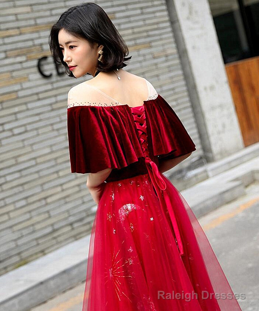 Wine Red Velvet And Tulle A-Line Floor Length Prom Dresses Wine Red Long Prom Dresses
