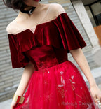 Wine Red Velvet And Tulle A-Line Floor Length Prom Dresses Wine Red Long Prom Dresses