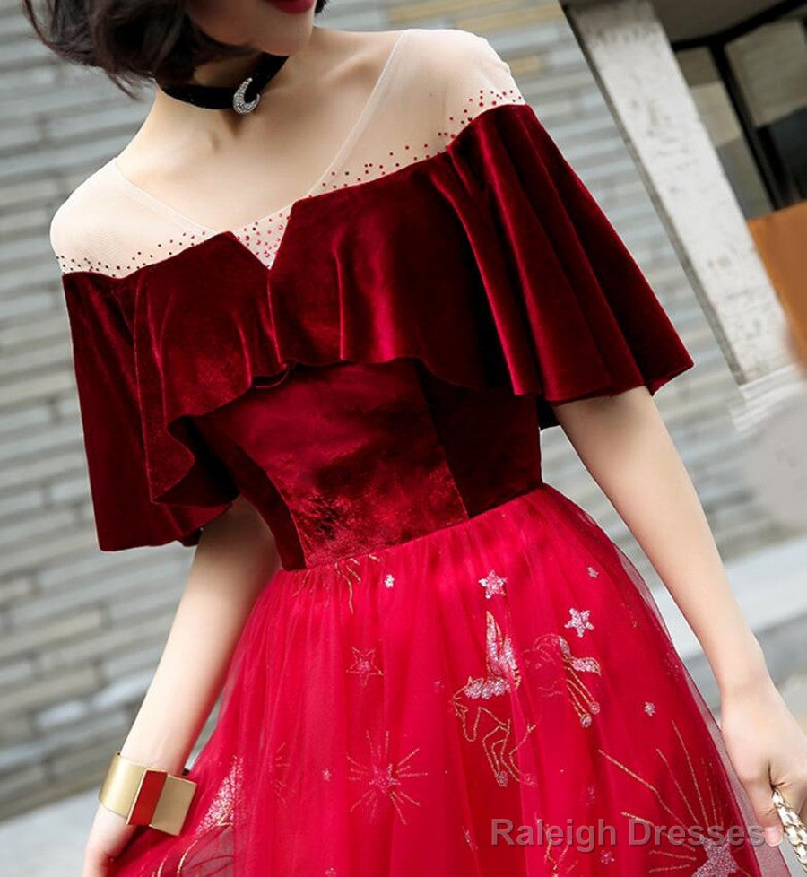 Wine Red Velvet And Tulle A-Line Floor Length Prom Dresses Wine Red Long Prom Dresses