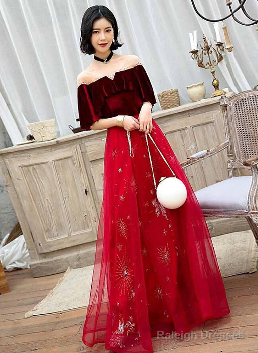 Wine Red Velvet And Tulle A-Line Floor Length Party Dress, Wine Red Long Prom Dress Main image