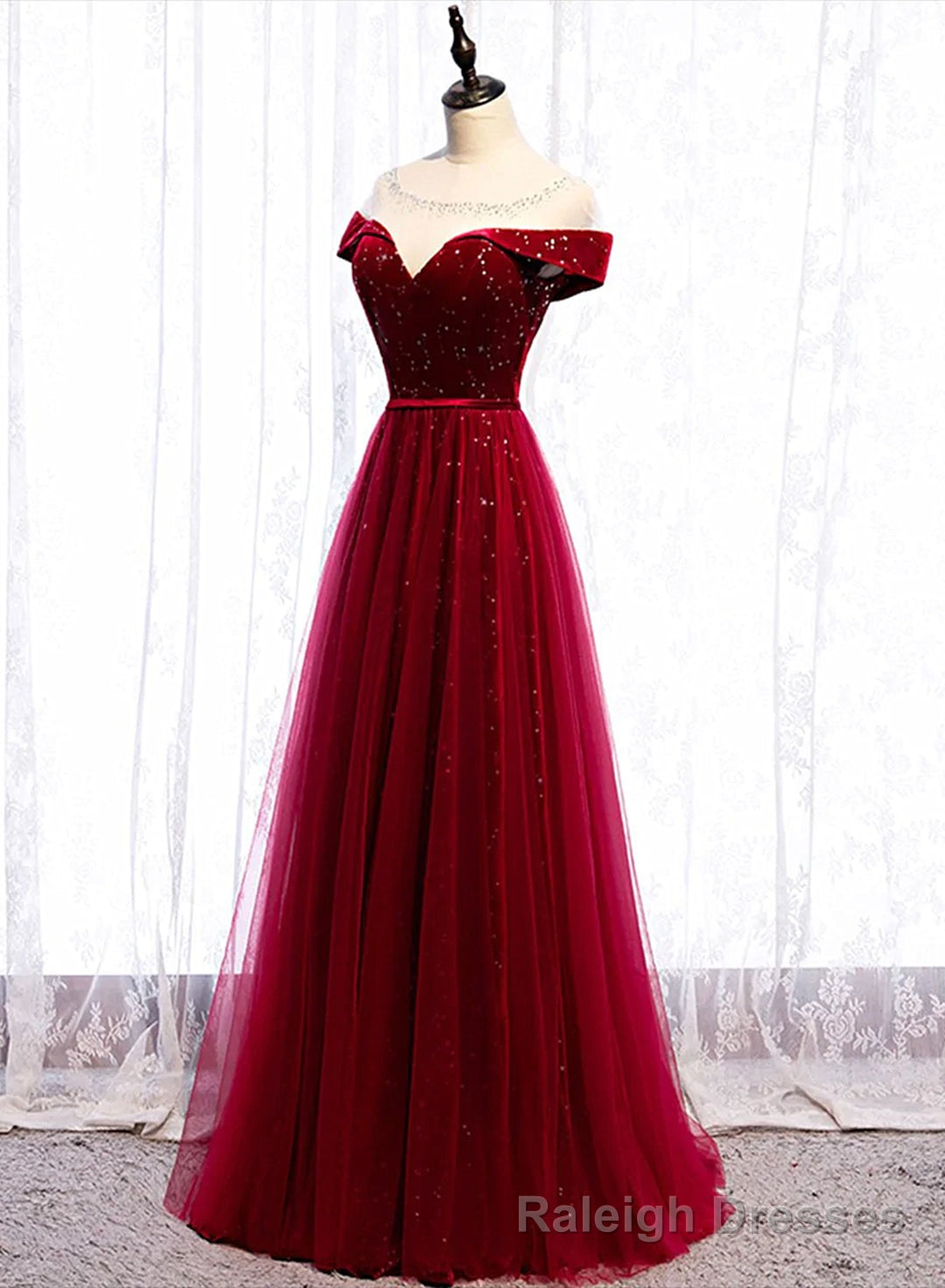 Wine Red Velvet and Tulle Long Prom Dress, A-line Wine Red Floor Length Prom Dress Main image
