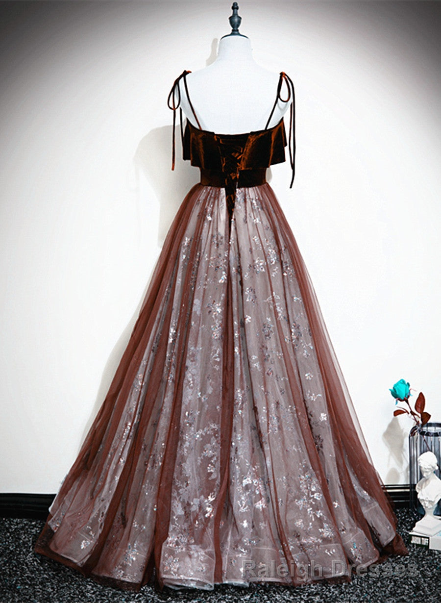 Wine Red Velvet and Tulle Straps Prom Dress, A Line Tulle Formal Dress Secondary image