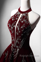 Wine Red Velvet Beaded Halter Long Formal Dress, A-Line Velvet Prom Dress