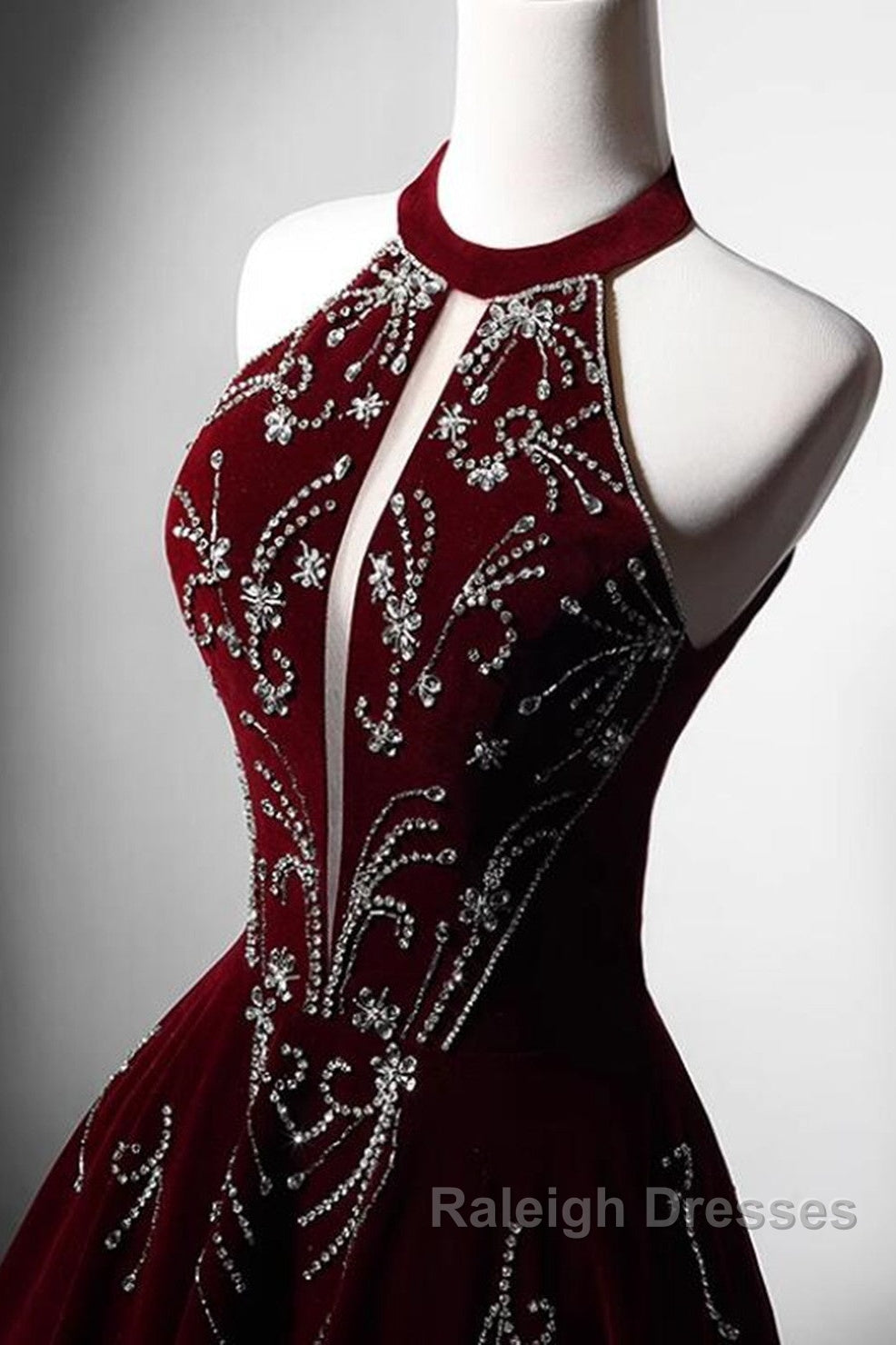 Wine Red Velvet Beaded Halter Long Formal Dress, A-Line Velvet Prom Dress