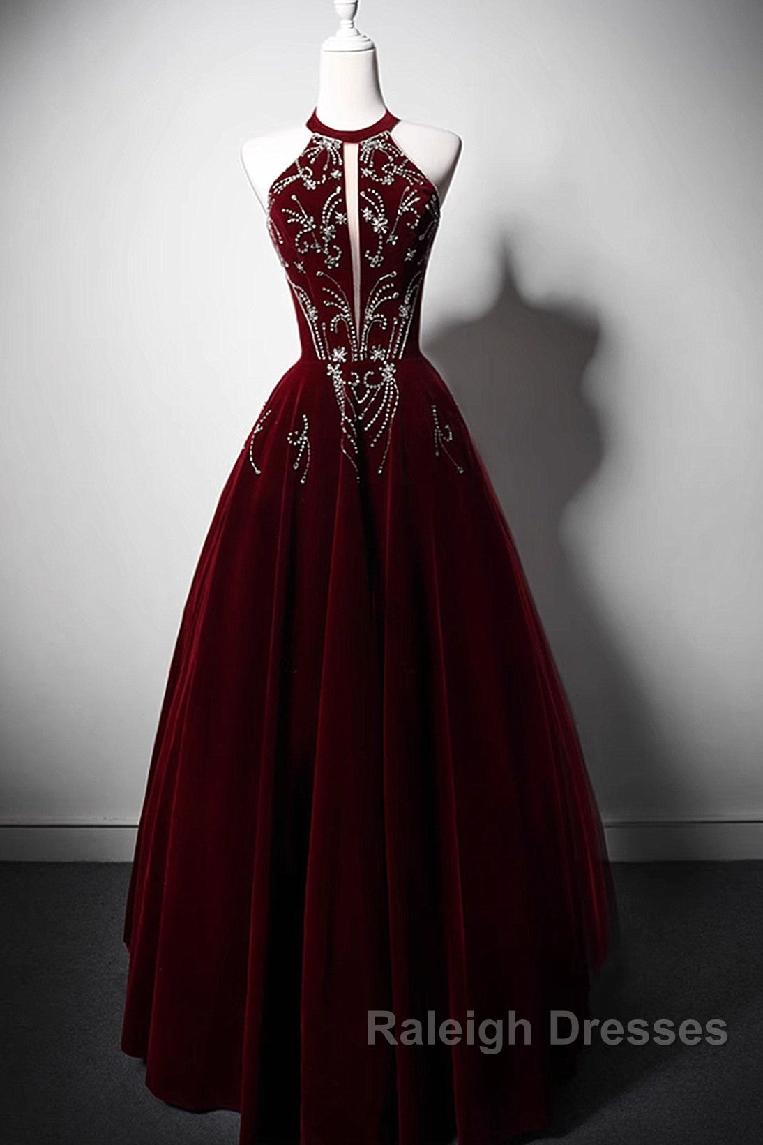 Wine Red Velvet Beaded Halter Long Formal Dress, A-Line Velvet Prom Dress