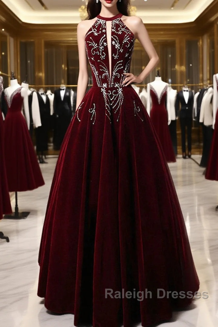 Wine Red Velvet Beaded Halter Long Formal Dress, A-Line Velvet Prom Dress Main image