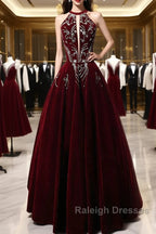 Wine Red Velvet Beaded Halter Long Formal Dress, A-Line Velvet Prom Dress
