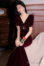 Wine Red Velvet Beaded Short Sleeves Long Party Dress, Wine Red Mermaid Prom Dress