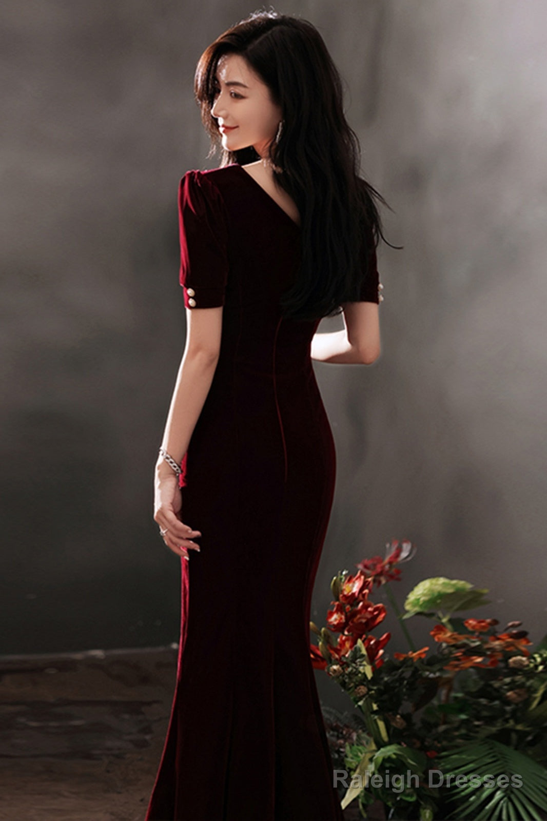 Wine Red Velvet Beaded Short Sleeves Long Party Dress, Wine Red Mermaid Prom Dress