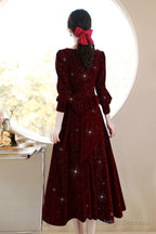 Wine Red Velvet Elegant Tea Length Bridesmaid Dress, Wine Red Homecoming Dress